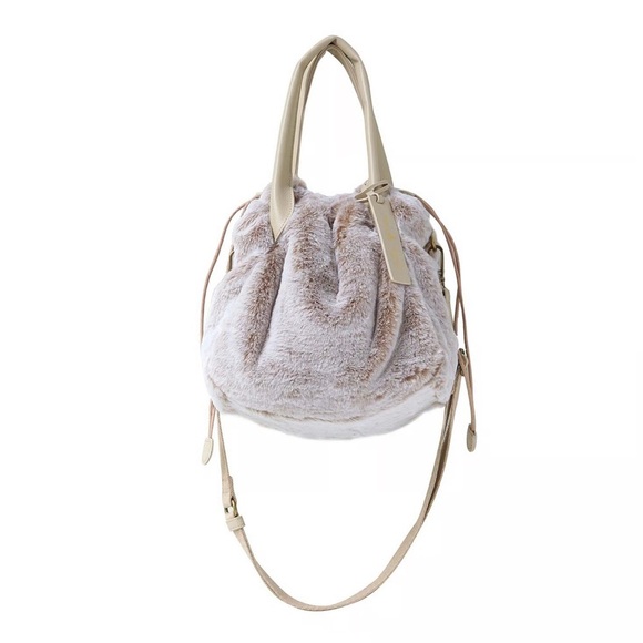Folna Handbags - Japanese Chic Faux Fur Bucket Bag with Tan Straps